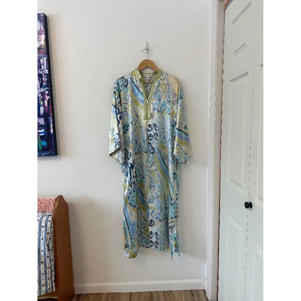 Oscar de la Renta Blue Green Ikat Print Satin Zip Front Caftan | Size Medium